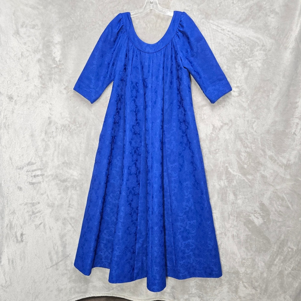 Vintage Kiyomi Hawaii Muumuu Dress Women 12 Royal Blue Floral Jacquard Altered - Picture 3 of 16